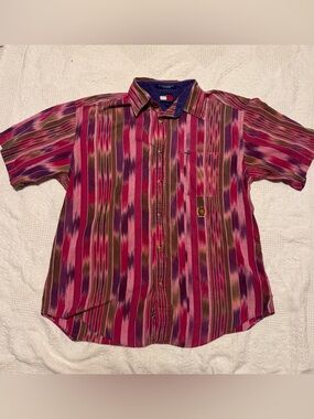 VTG 90s Tommy Hilfiger Ikat Stripe Crest Shirt L Purple Pink Eclectic Grandpa
